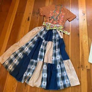 Cricket by the Creek M patchwork boho long maxi skirt denim free people style